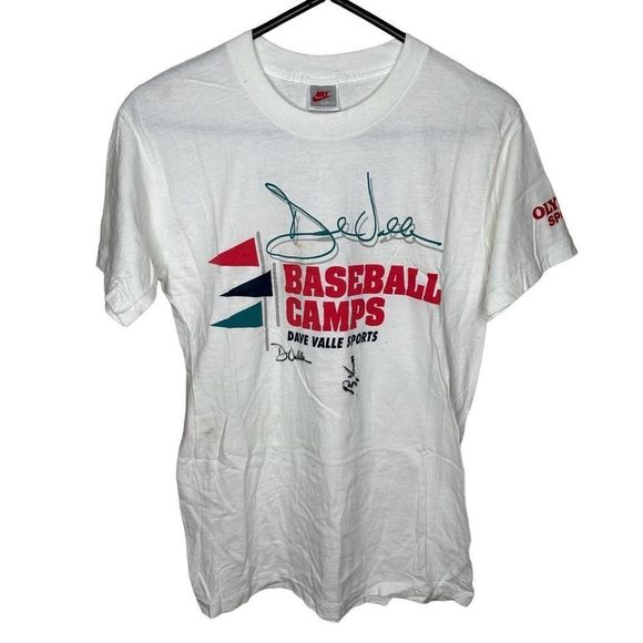 Vintage 90s Nike Made In USA Signed Dave Valle Mariners Baseball Camp T Shirt Sm - Picture 1 of 5